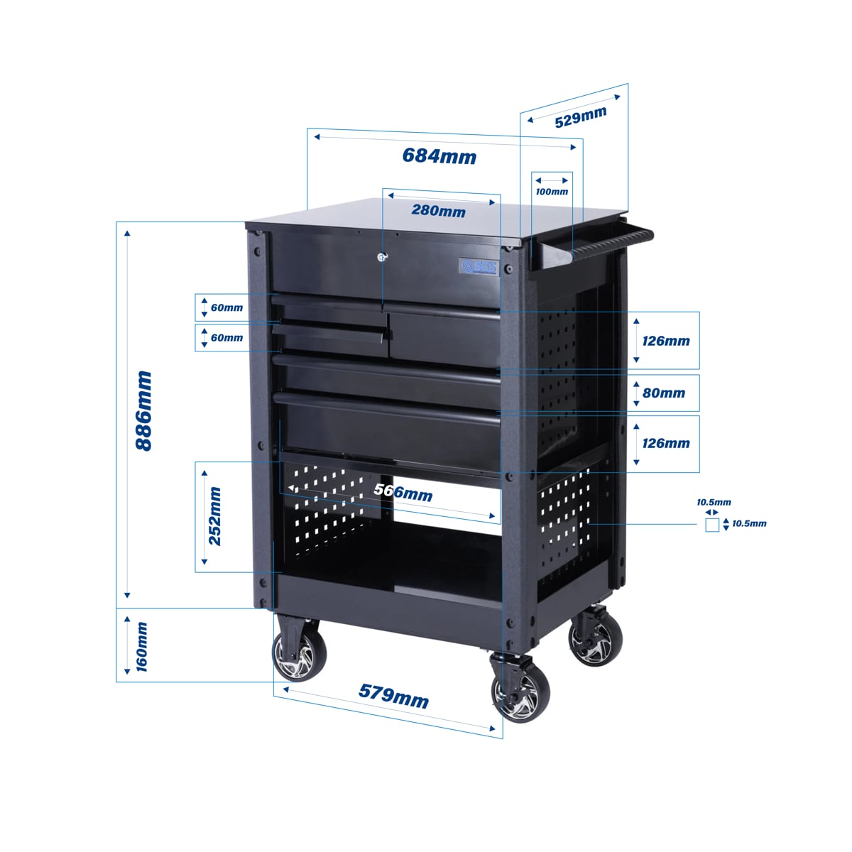 SGS 26in Tool Trolley Cart with Lid and Foldable Side Tray | 5 Drawers | Black